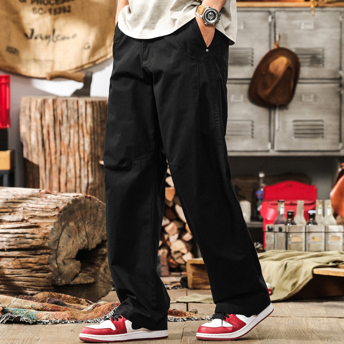 美式卡其色休閒褲男士2025新款寬鬆闊腿簡約長褲日系復古直筒褲子