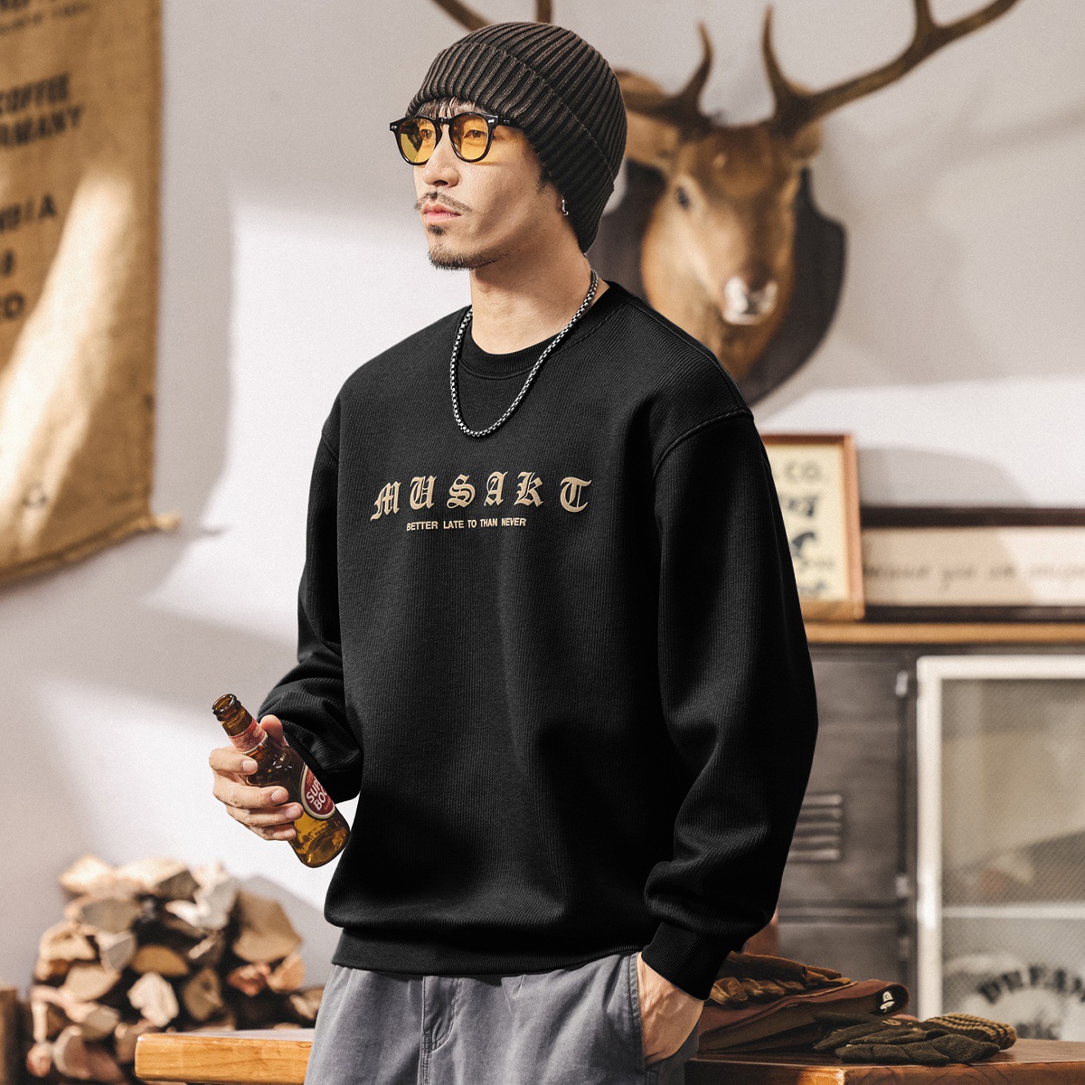 美式復古重磅衛衣男春秋新款潮流印花上衣寬鬆休閒紫色長袖男t恤