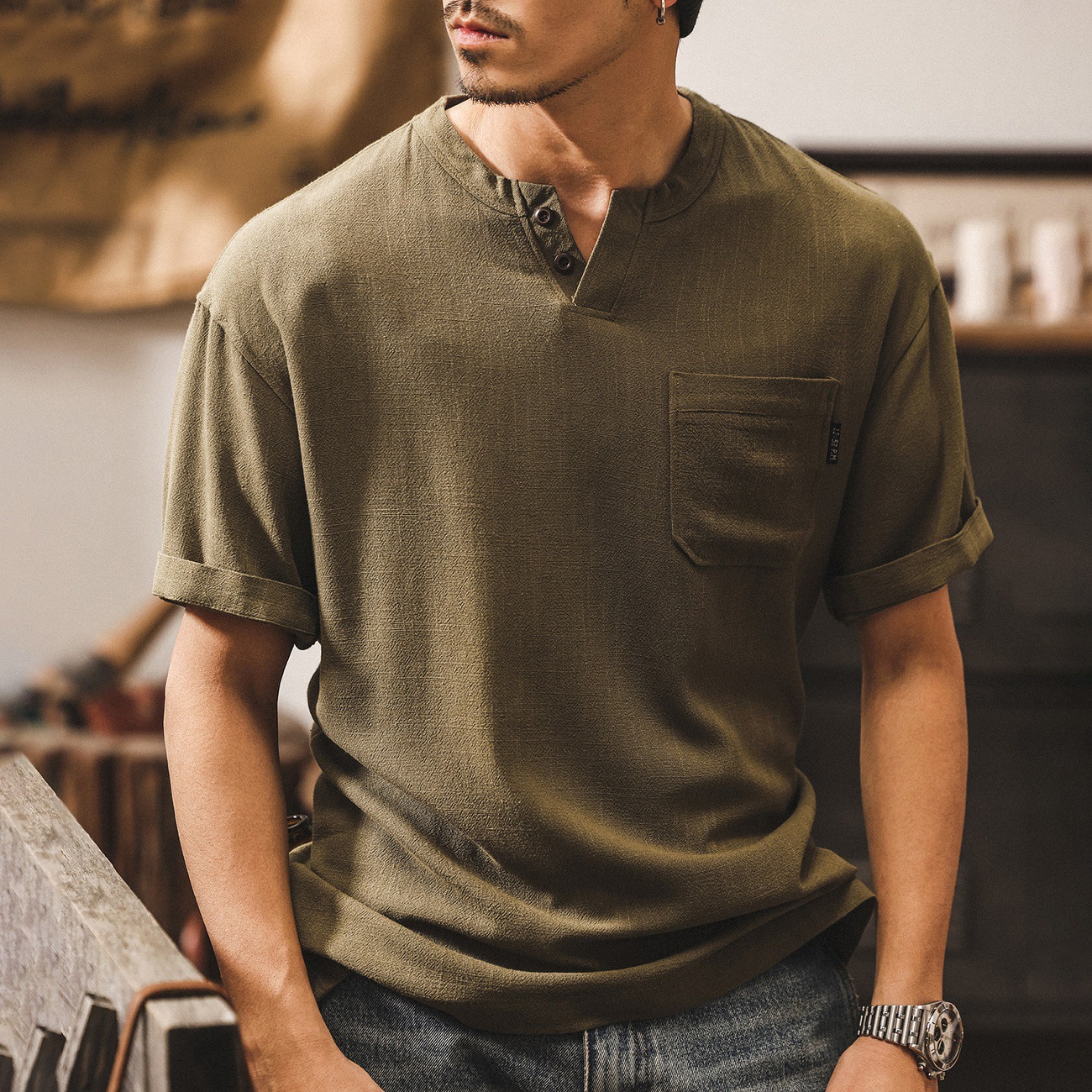 美式復古老錢風亞麻亨利領短袖男款T恤2026新款夏季潮牌Polo衫男