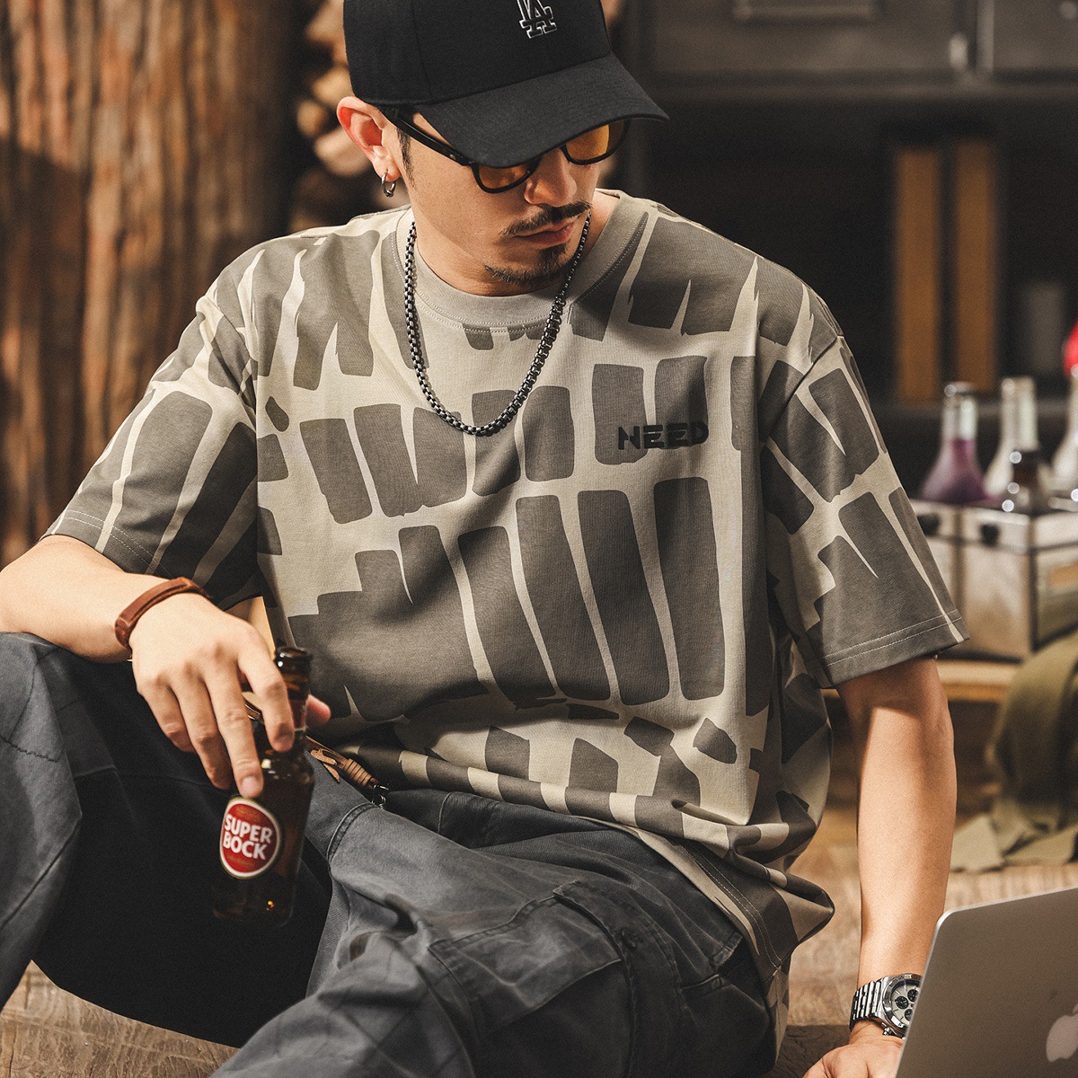 美式潮流短袖t恤男夏季2025新款寬鬆潮牌滿印半袖體恤男士上衣潮T