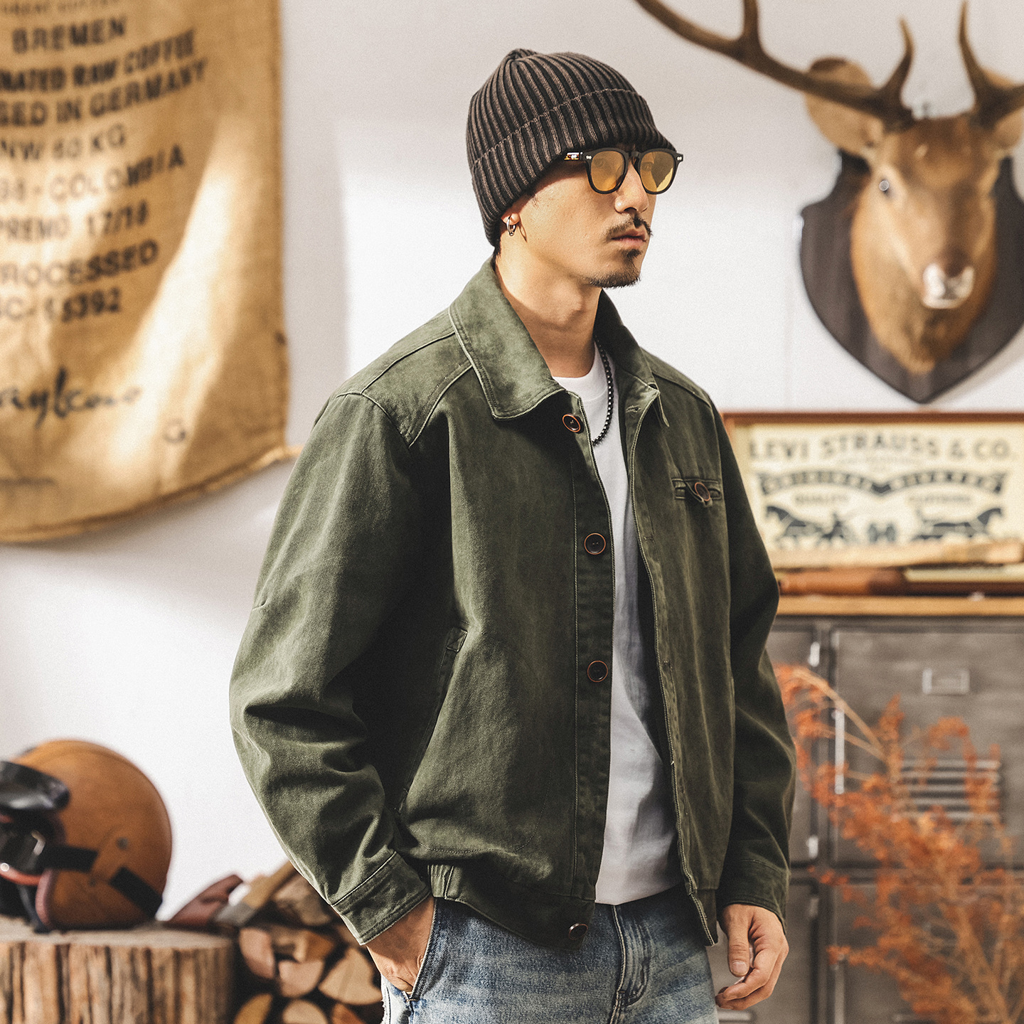 美式重磅復古工裝外套男春秋寬鬆硬漢帥氣潮牌重工水洗教練夾克男