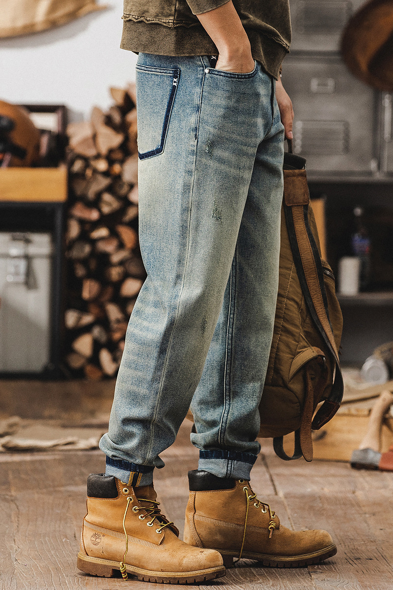 春季新款泥染復古牛仔褲男寬鬆直筒潮牌褲子男春秋做舊水洗休閒褲