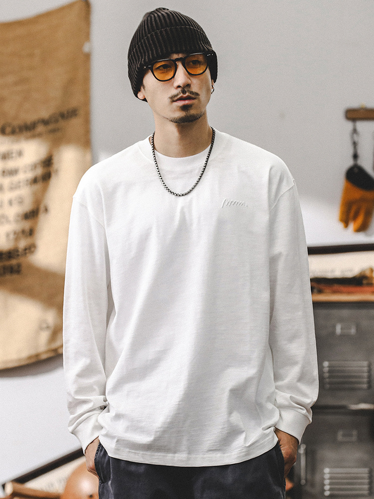 美式重磅長袖T恤男2024新款潮牌寬松白色上衣體恤男T春秋款打底衫