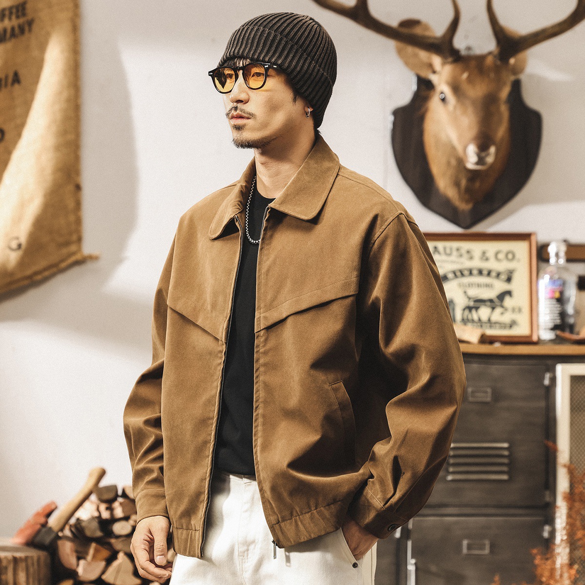 美式復古反絨皮外套男春秋2025新款美拉德阿美咔嘰寬鬆飛行夾克男