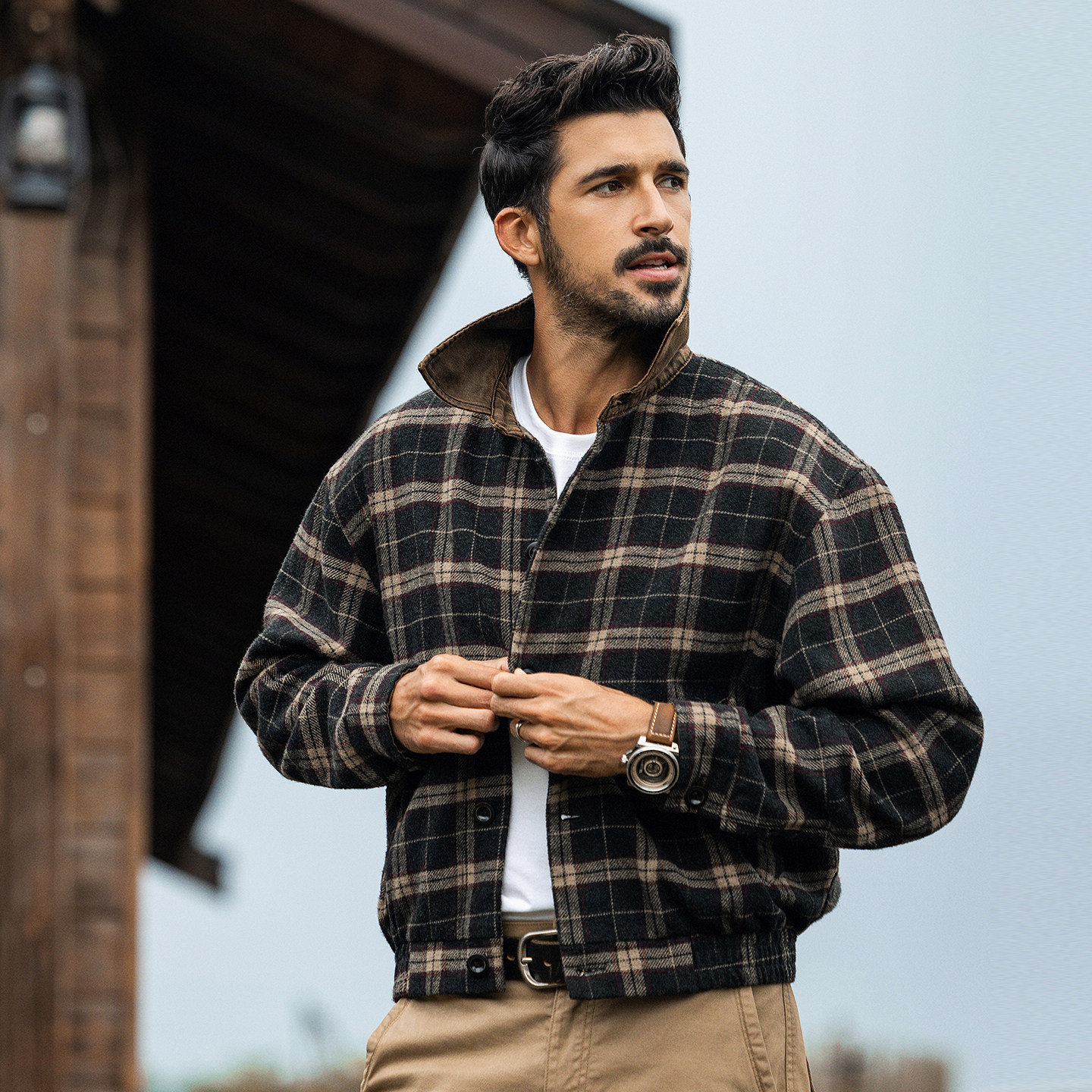 美式復古老錢風格紋夾克男春季2026潮牌重磅綿羊毛寬鬆短款外套男