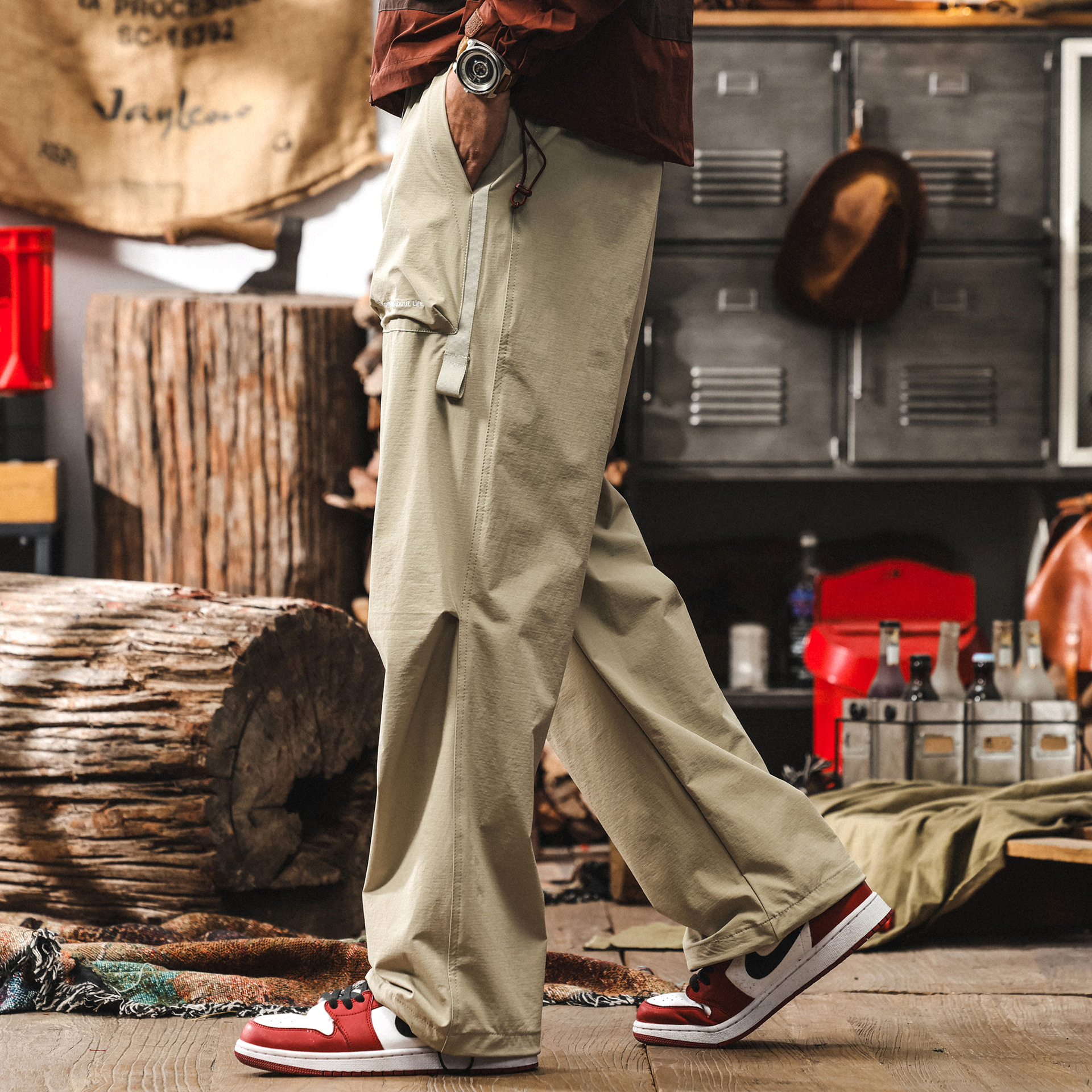 杏色薄款休閒長褲男寬鬆直筒潮牌男士褲子夏季戶外速幹工裝傘兵褲