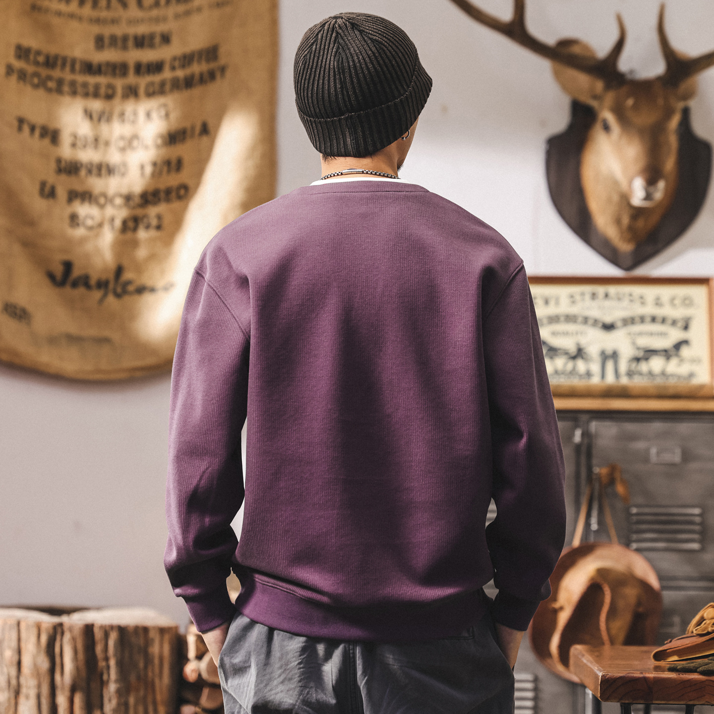 美式復古假兩件衛衣男春秋新款350重磅長袖T恤男寬鬆潮流紫色上衣