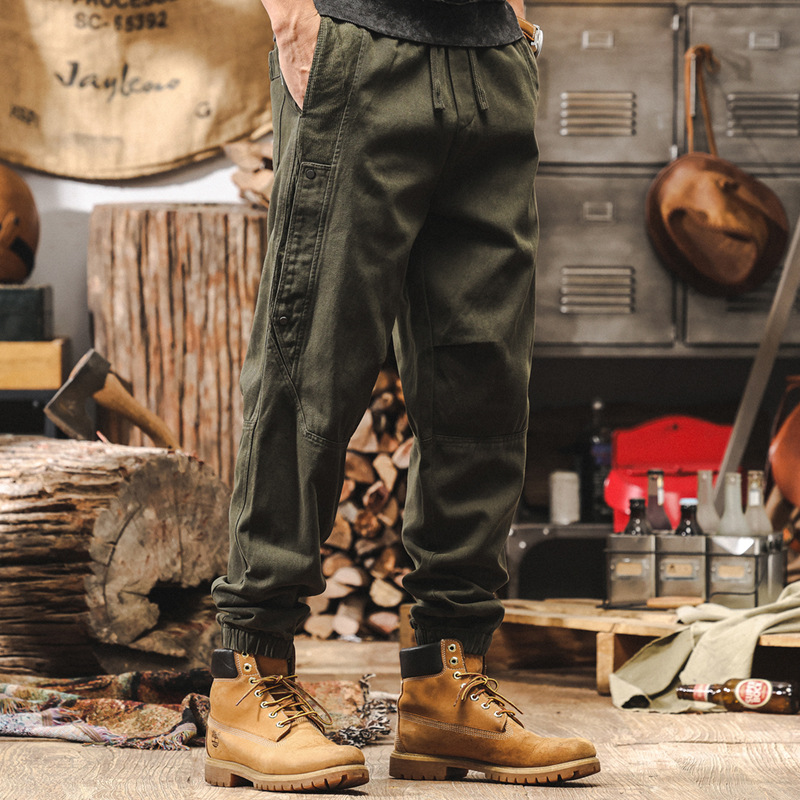 美式復古燈芯絨拼接工裝褲子男秋冬款潮牌做舊水洗寬鬆男士休閒褲
