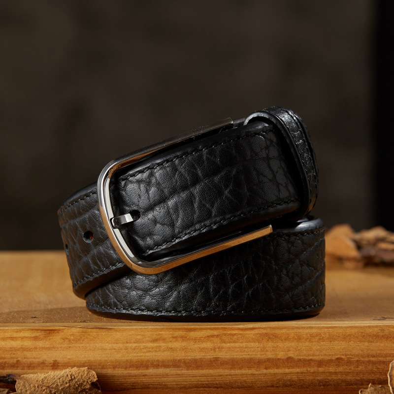 手工男士腰帶非洲野牛皮不銹鋼針扣皮帶休閒百搭高檔真皮牛仔褲帶