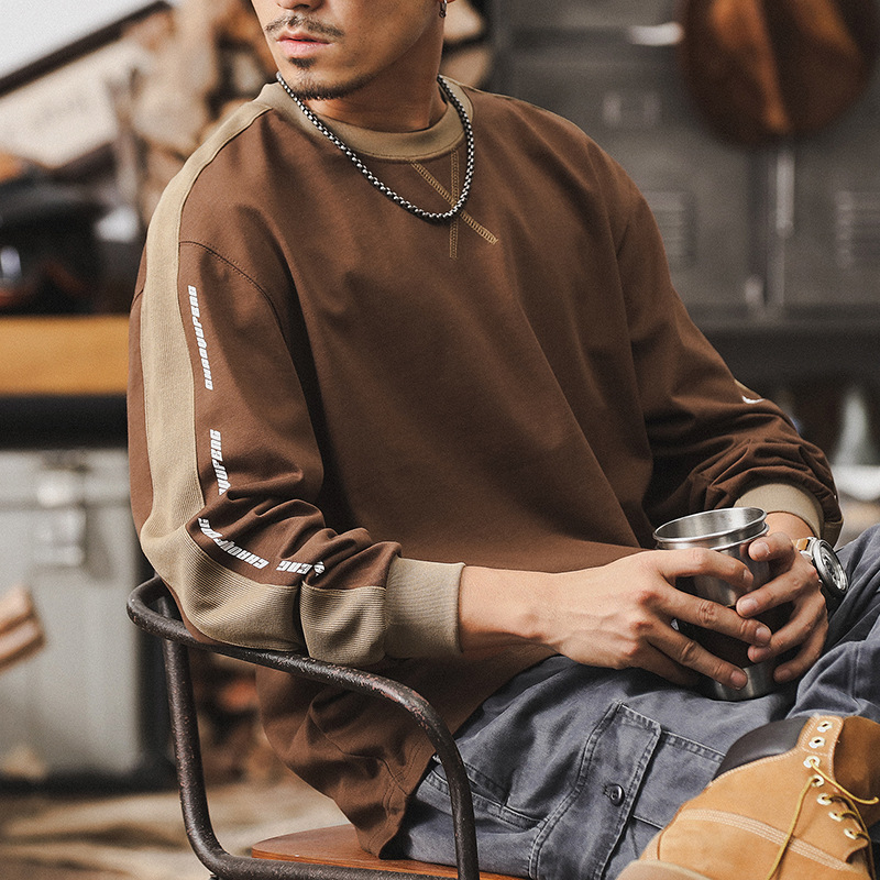 傑雷諾美式複古撞色拼接長袖t恤男潮牌寬松休閑上衣秋季男裝