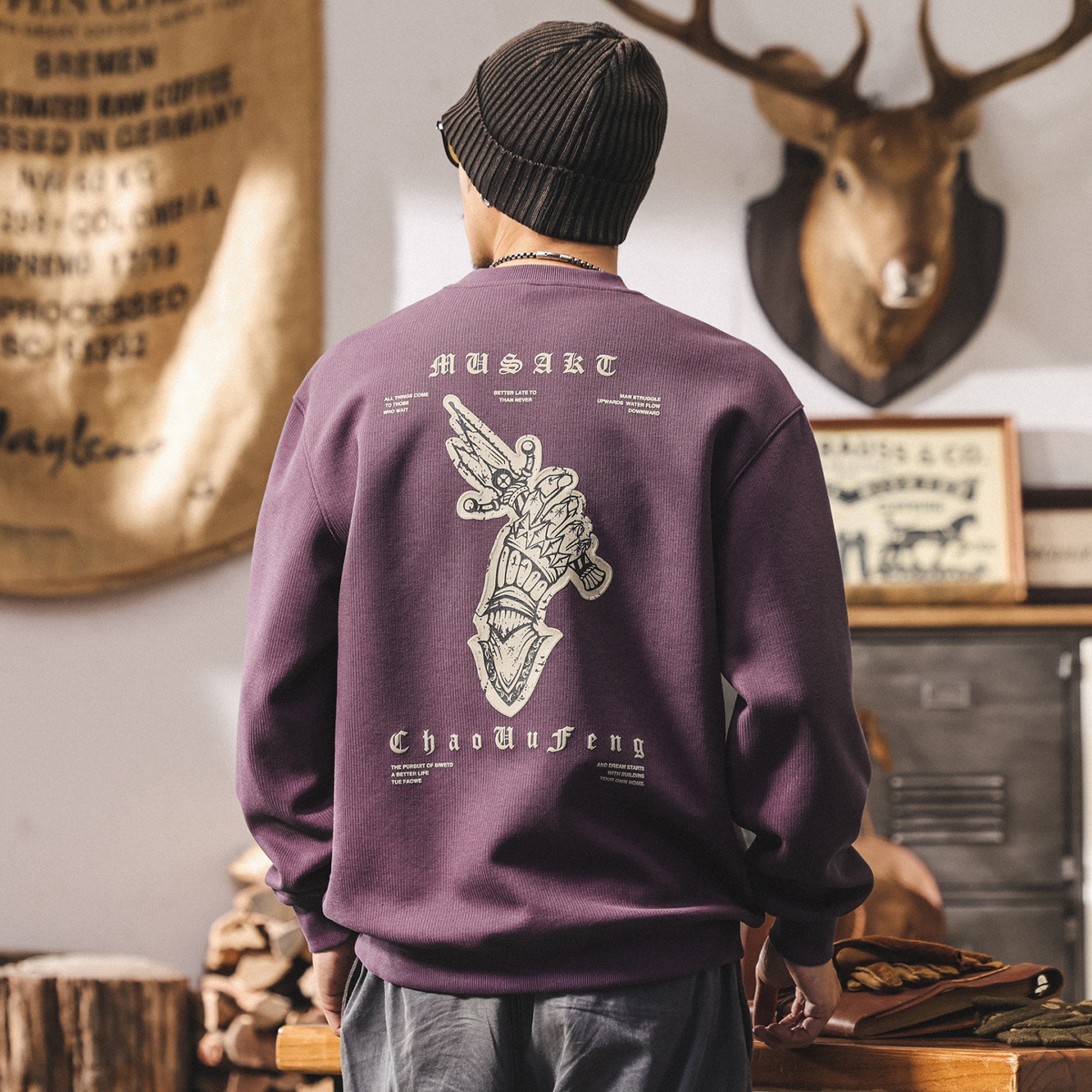 美式復古350g重磅衛衣男春秋潮牌新款紫色t恤男長袖潮流寬鬆上衣
