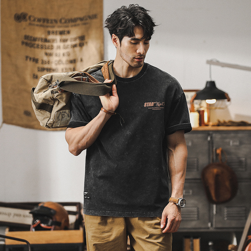 美式重磅短袖T恤男夏季寬鬆大碼潮牌2024新款水洗復古半袖男體恤