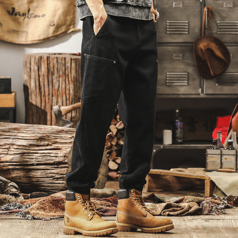 美式復古重磅工裝褲子男春季2025新款束腳褲男寬鬆直筒男士休閒褲