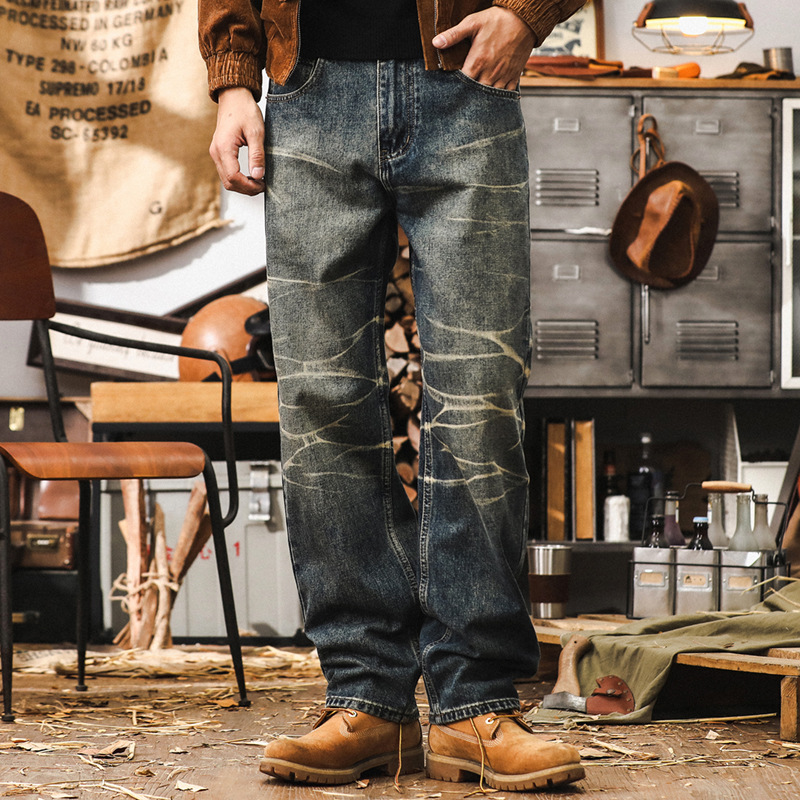 美式復古重磅直筒牛仔褲子男秋季潮牌2024新款設計感寬鬆休閒長褲