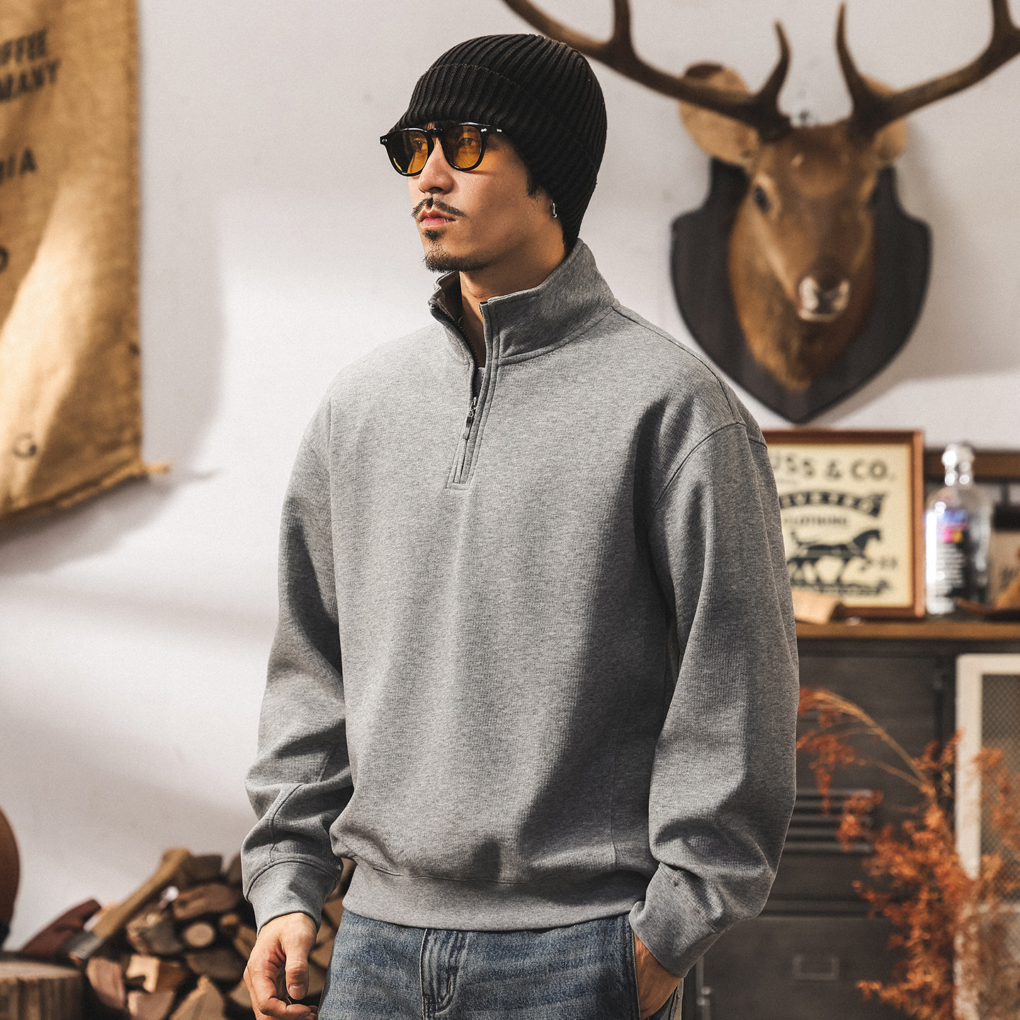 美式復古立領重磅衛衣男新款秋季男士上衣春秋寬鬆休閒半拉鍊外套