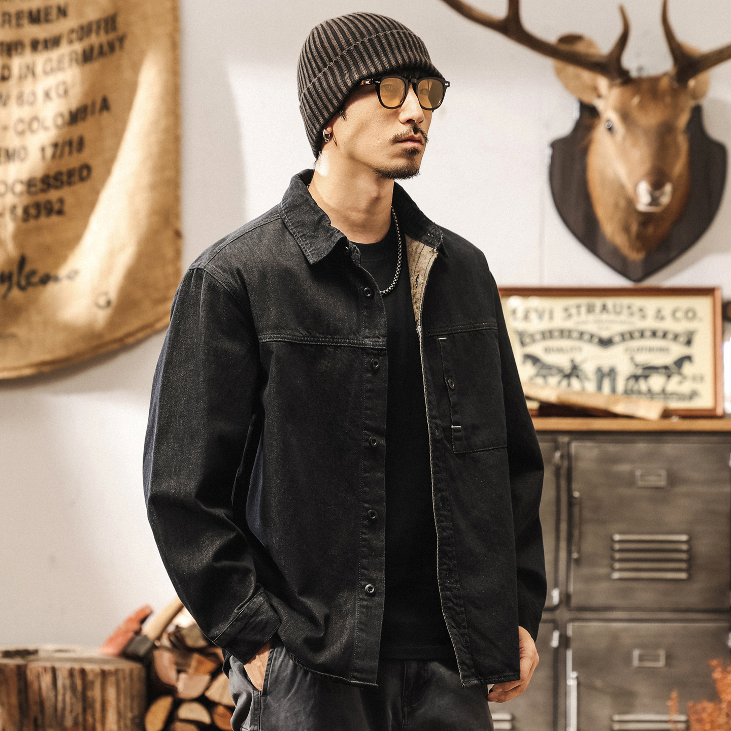 美式復古活性不掉色黑色牛仔襯衫男長袖外套春秋新款休閒工裝襯衣