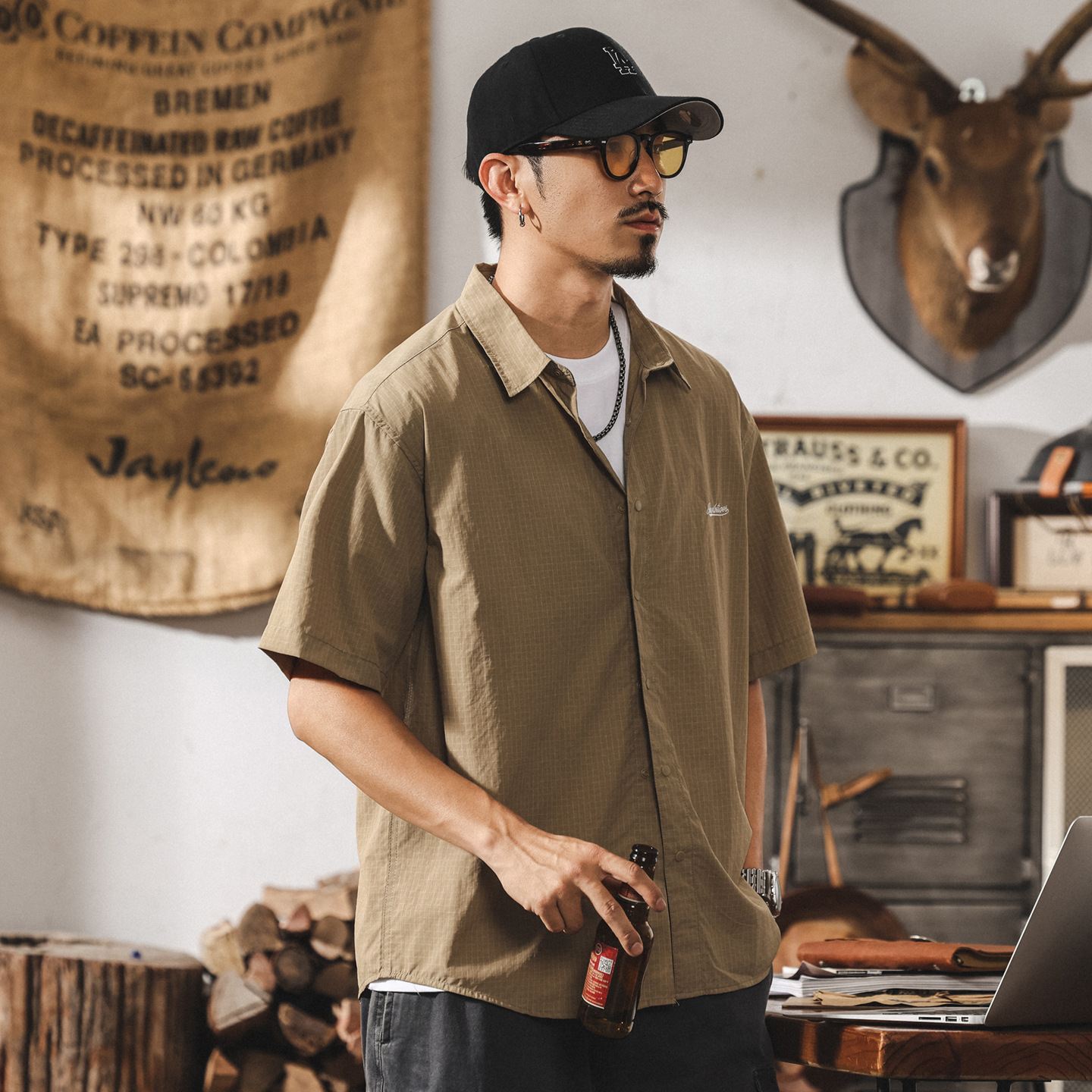 輕量化戶外通勤格紋襯衫男短袖夏季新款簡約休閒寬鬆襯衣薄款外套