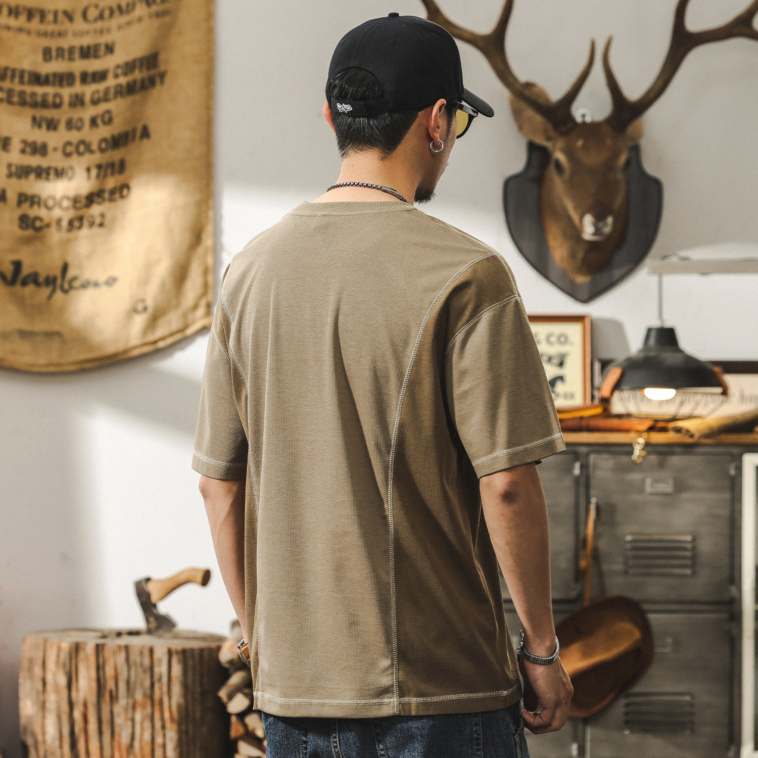 萊賽爾天絲卡其色夏季T恤男寬鬆透氣短袖男款潮牌撞色大碼上衣男