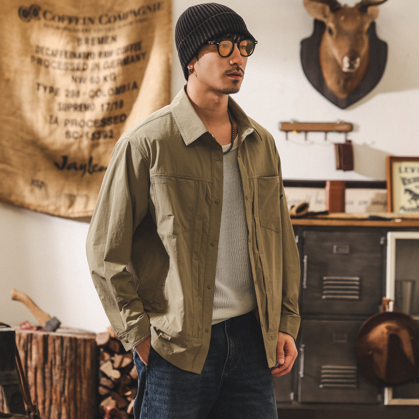 美式復古戶外速幹工裝襯衫男春季潮牌2026新款長袖襯衣男薄款外套