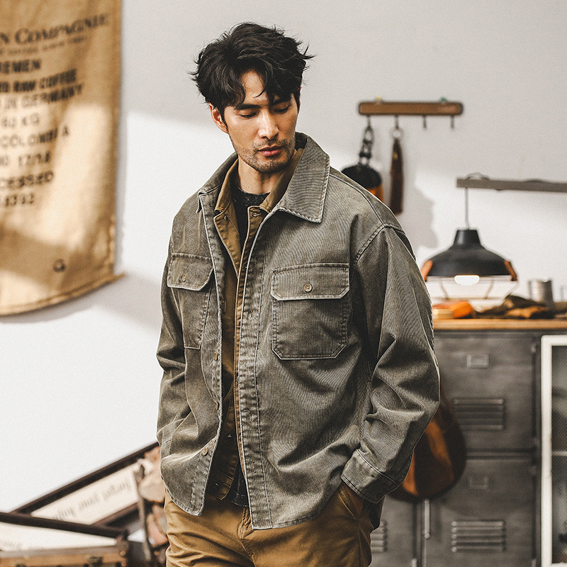 美式重磅燈芯絨長袖襯衫男工裝外套複古做舊秋季男款寬松休閑夾克