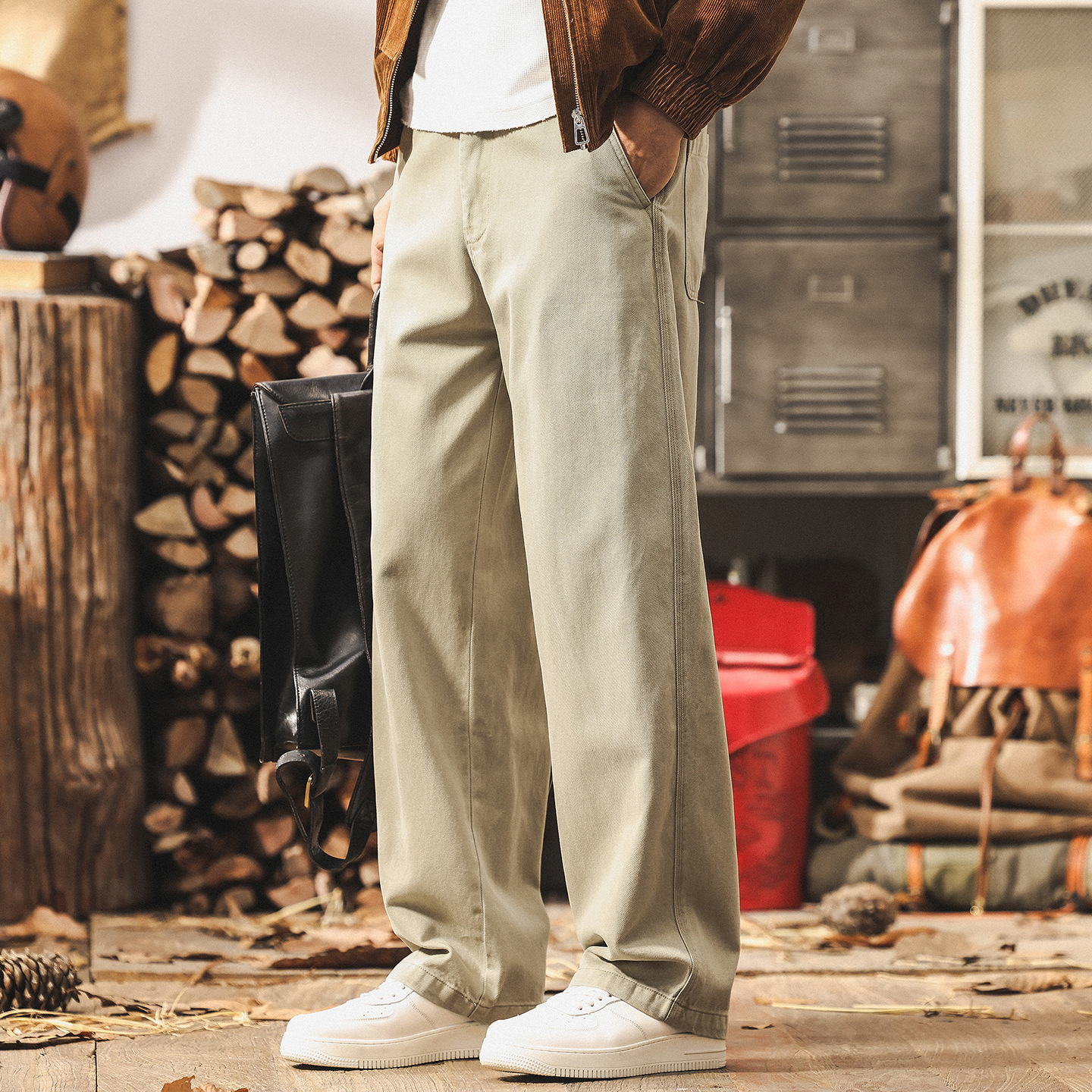 萊賽爾天絲卡其色工裝褲子男秋季新款美式復古潮牌寬鬆男士休閒褲
