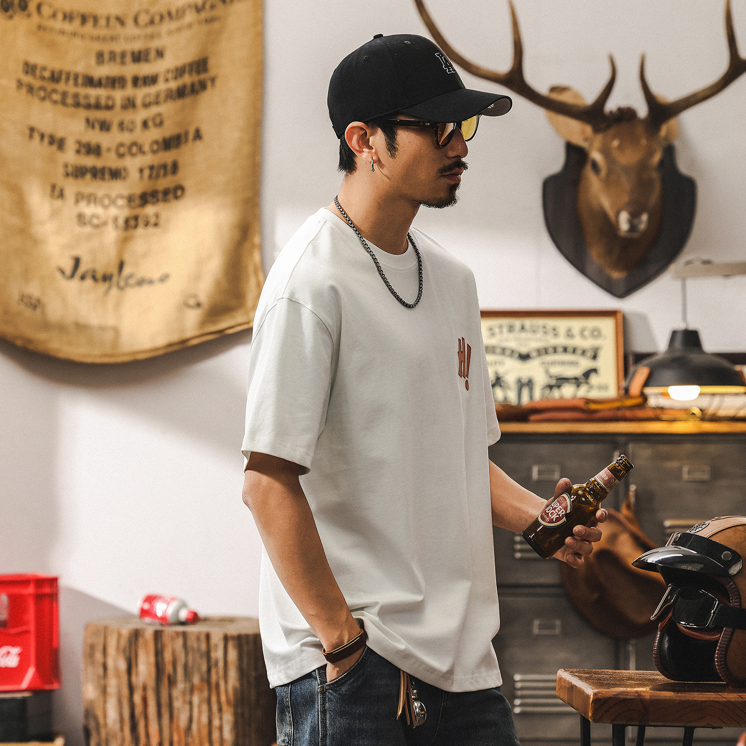 美式復古重磅白色T恤男夏季男士短袖2025新款寬鬆休閒衣服男