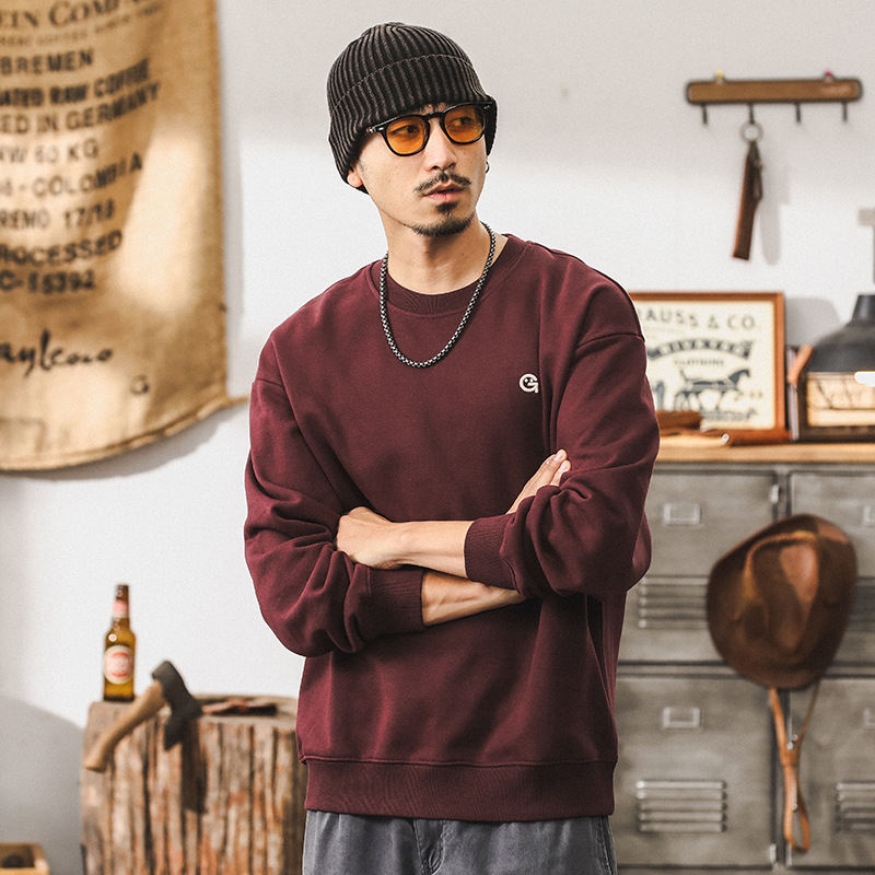 杰雷諾美式360g重磅復古衛衣男寬鬆秋季潮牌棗紅色長袖T恤男上衣