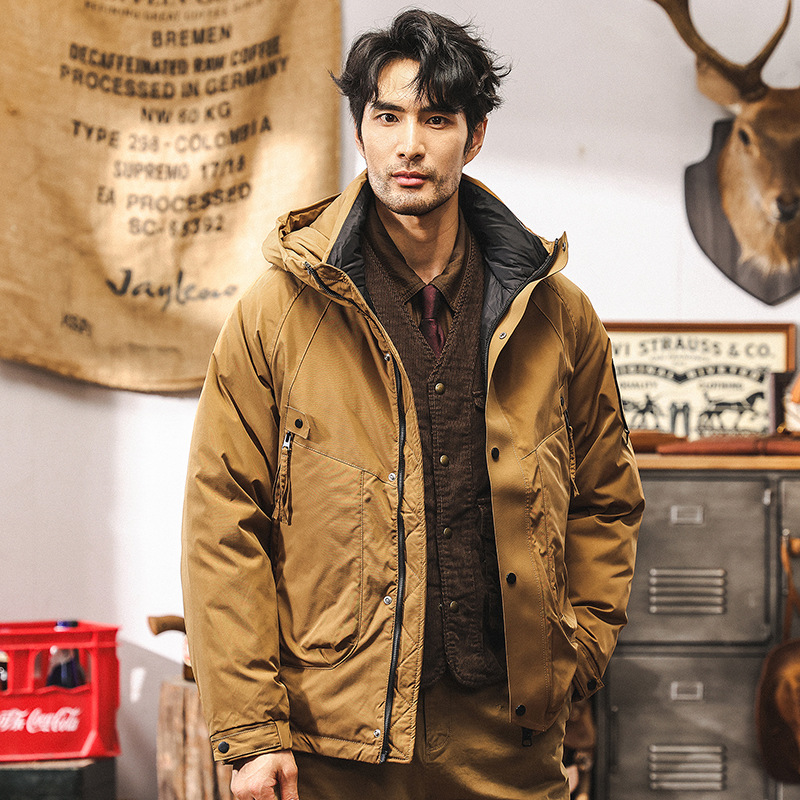 90%白鴨絨冬季工裝羽絨服男潮牌美式復古石墨烯機能連帽秋冬外套