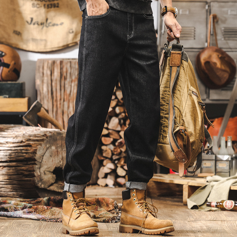 活性染不掉色加絨牛仔褲男美式復古水洗潮牌褲子男秋冬款直筒長褲