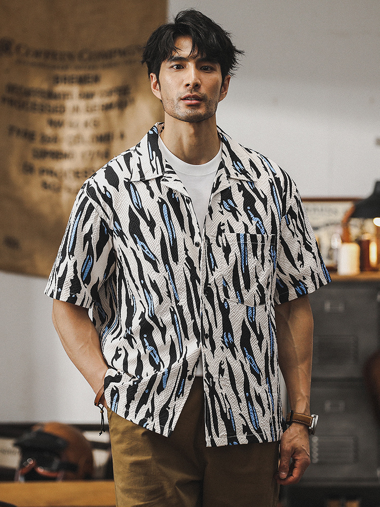 美式經典泡泡紗襯衫男短袖夏季薄款寬鬆古巴領夏威夷痞帥花襯衣男