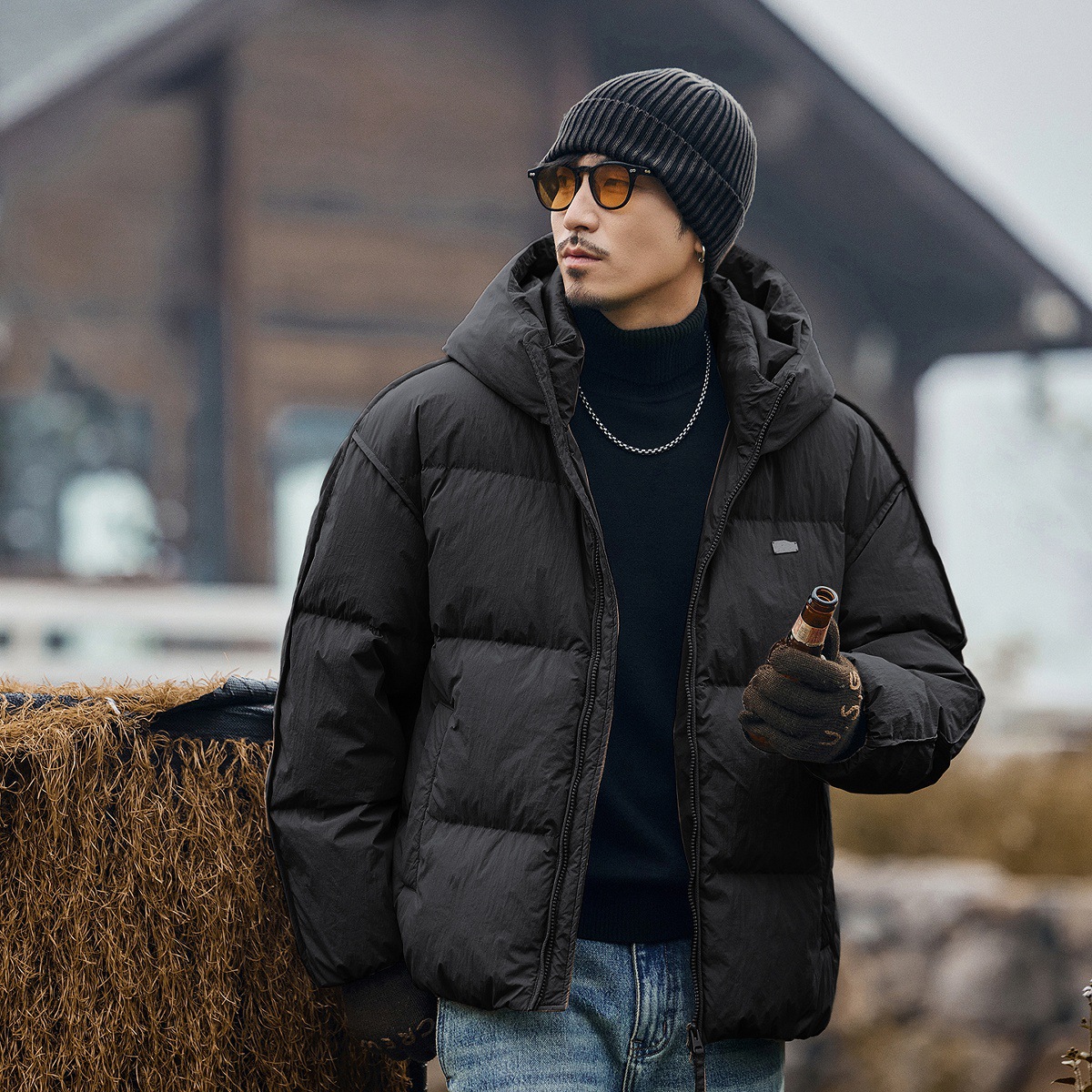 美式復古高充絨蓬鬆連帽羽絨服男冬季加厚保暖一體連帽麪包服外套