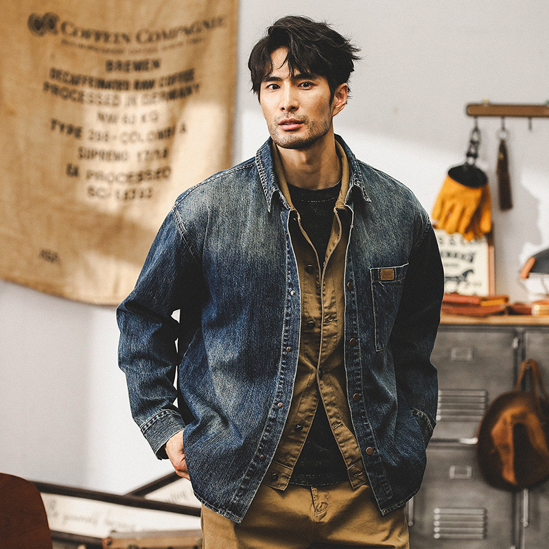 美式重磅竹節棉牛仔外套男款春秋潮牌紋理磨白寬松休閑長袖襯衫男