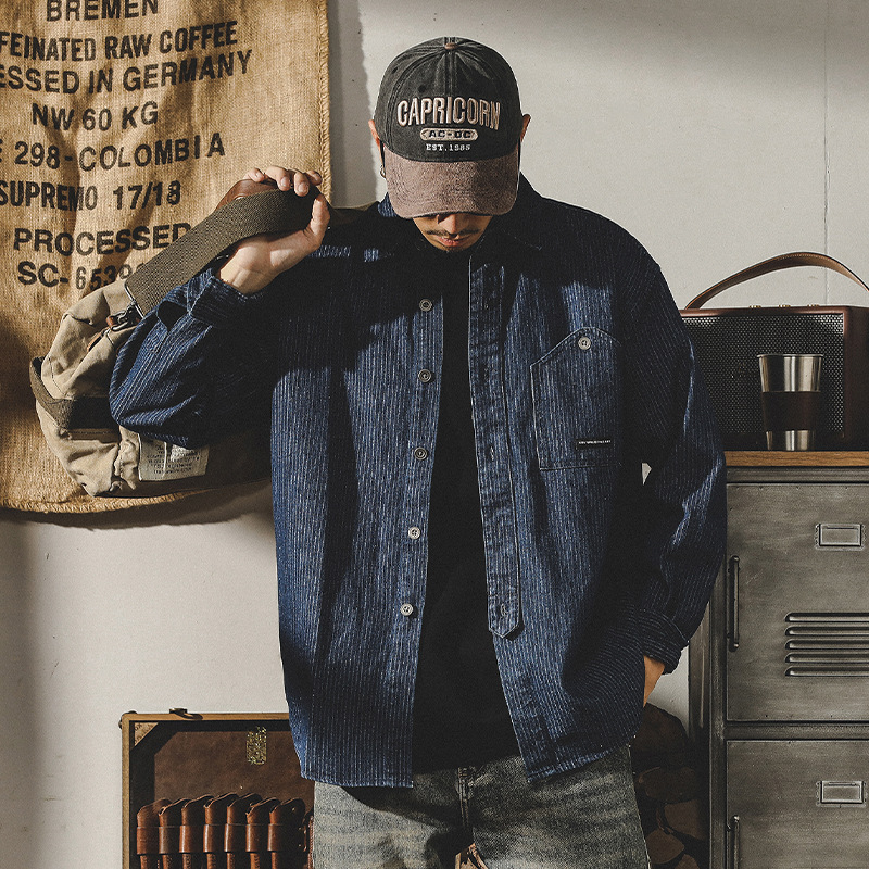 杰雷諾320g重磅條紋工裝襯衫男長袖春秋厚款美式休閒寬鬆古著襯衣