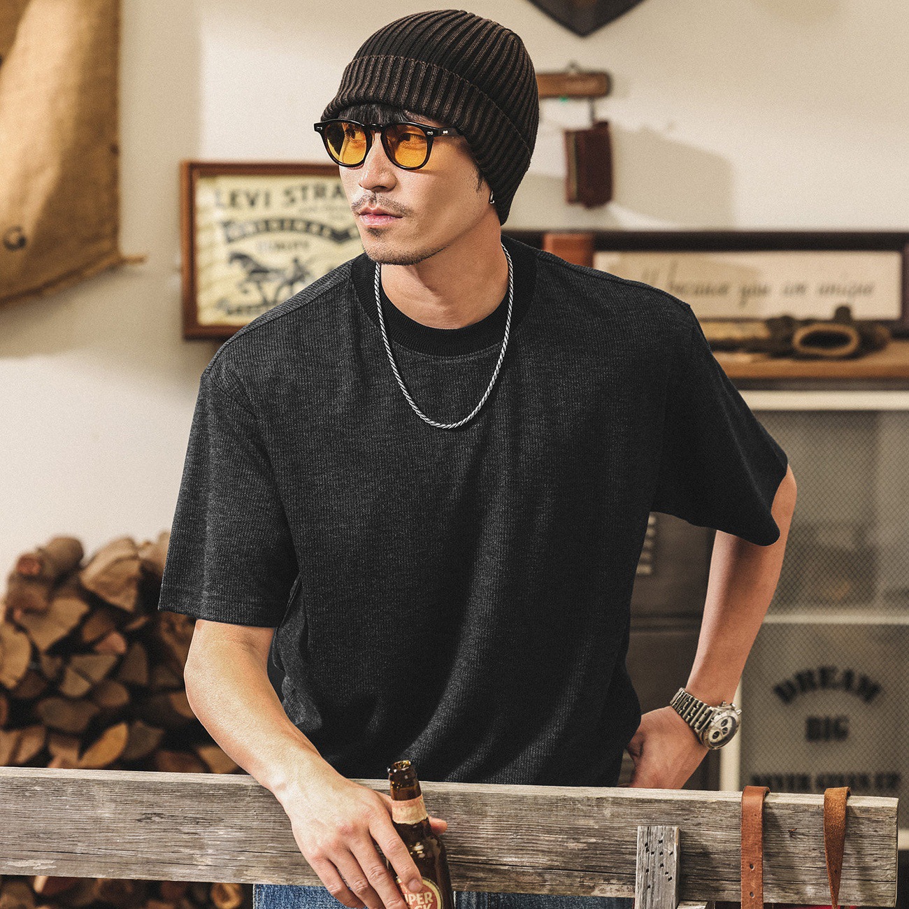 老錢風醋酸親膚綿羊毛男士T恤短袖夏季2026新款美式復古寬鬆上衣