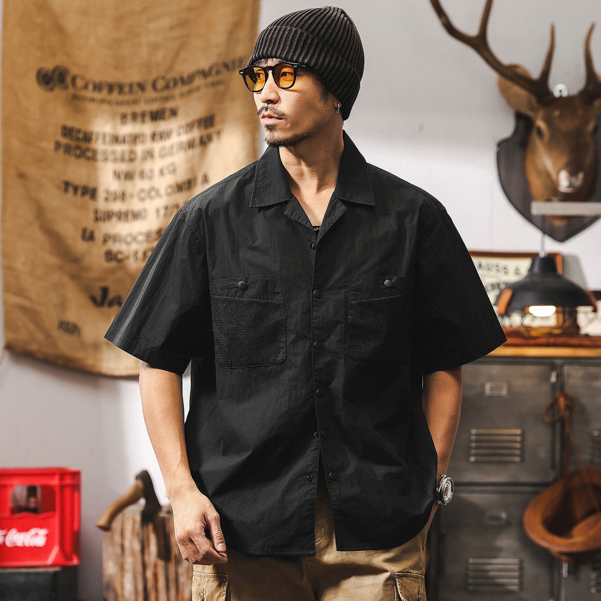古巴領襯衫男短袖夏季2025新款美式復古潮牌戶外機能寬鬆工裝襯衣
