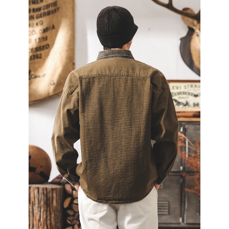 美式復古做舊工裝襯衫外套男春秋2025新款潮牌拼接寬鬆長袖襯衣男