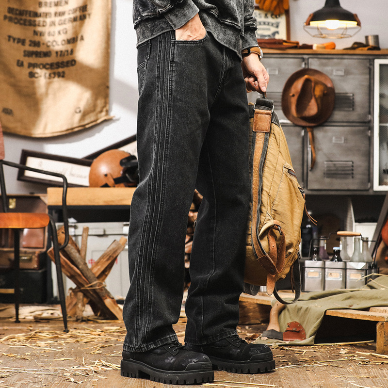 美式復古高級感重磅黑色牛仔褲男秋季潮牌寬鬆直筒褲子男休閒長褲