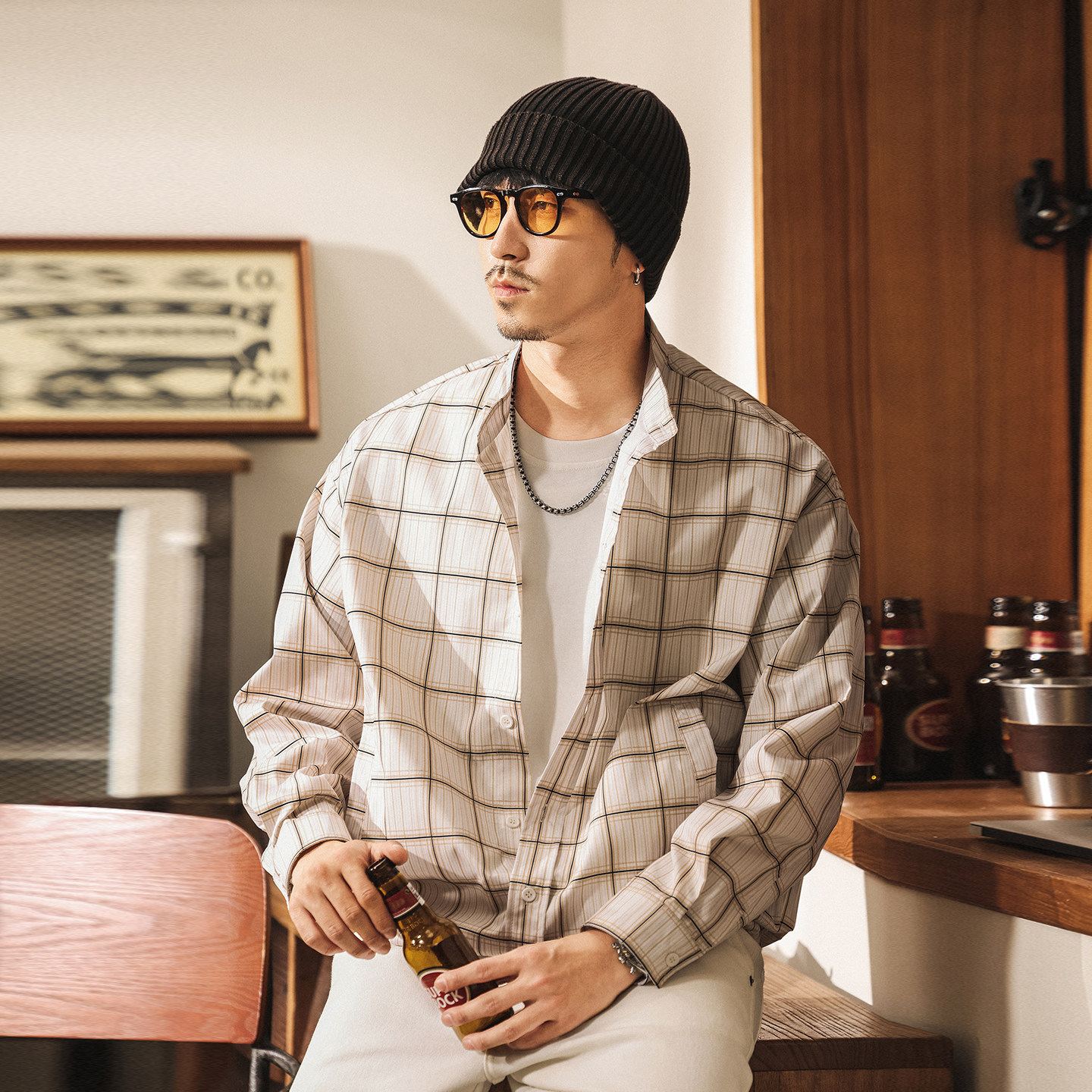 美式復古假兩件格子襯衫外套男春季潮流寬鬆長袖襯衣男士休閒夾克