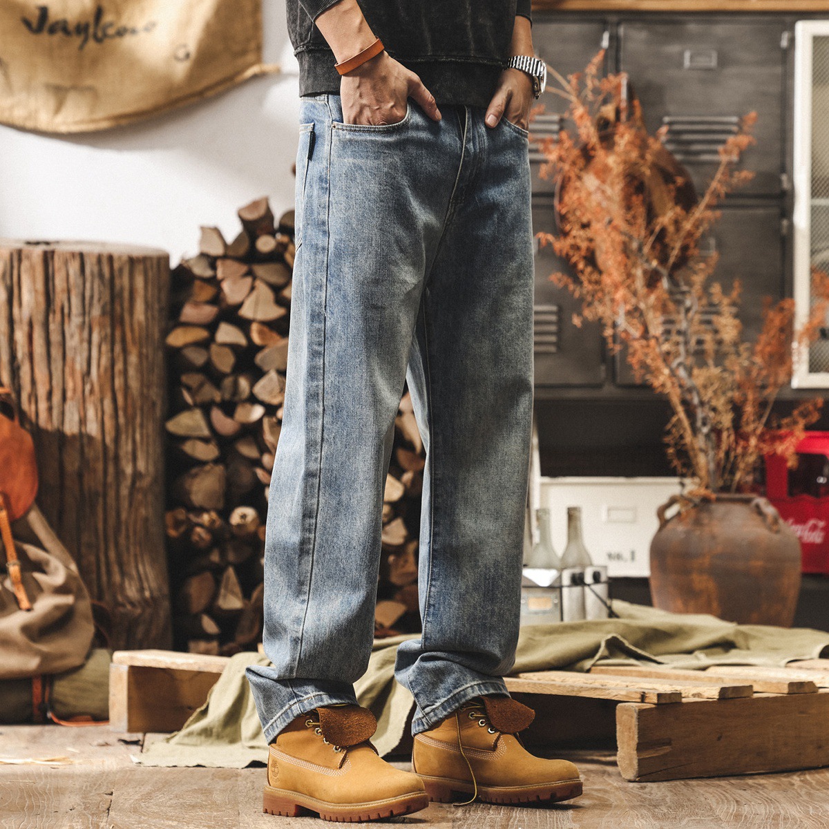 美式復古水洗加絨牛仔褲男冬季加厚男士褲子直筒潮牌寬鬆休閒褲男