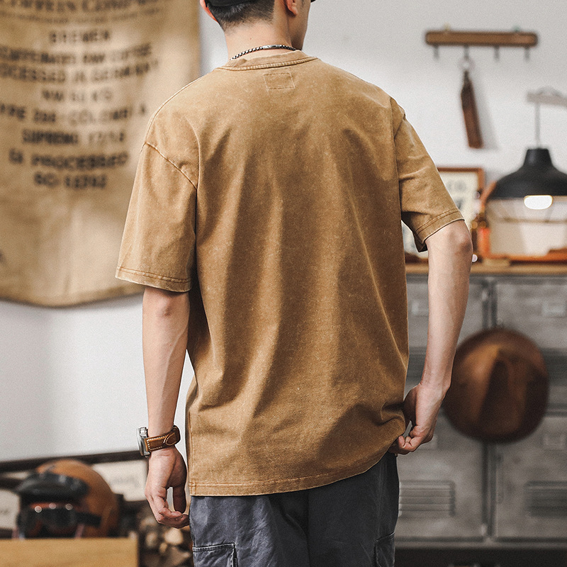 杰雷諾復古雪花水洗短袖T恤男夏季美式重磅硬挺體恤寬鬆上衣潮T男