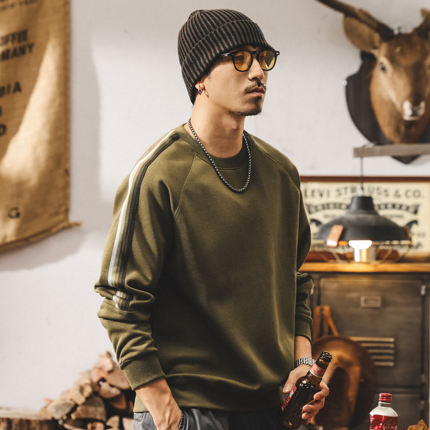 美式復古橄欖綠重磅衛衣男春秋2025新款潮流男士t恤長袖寬鬆上衣