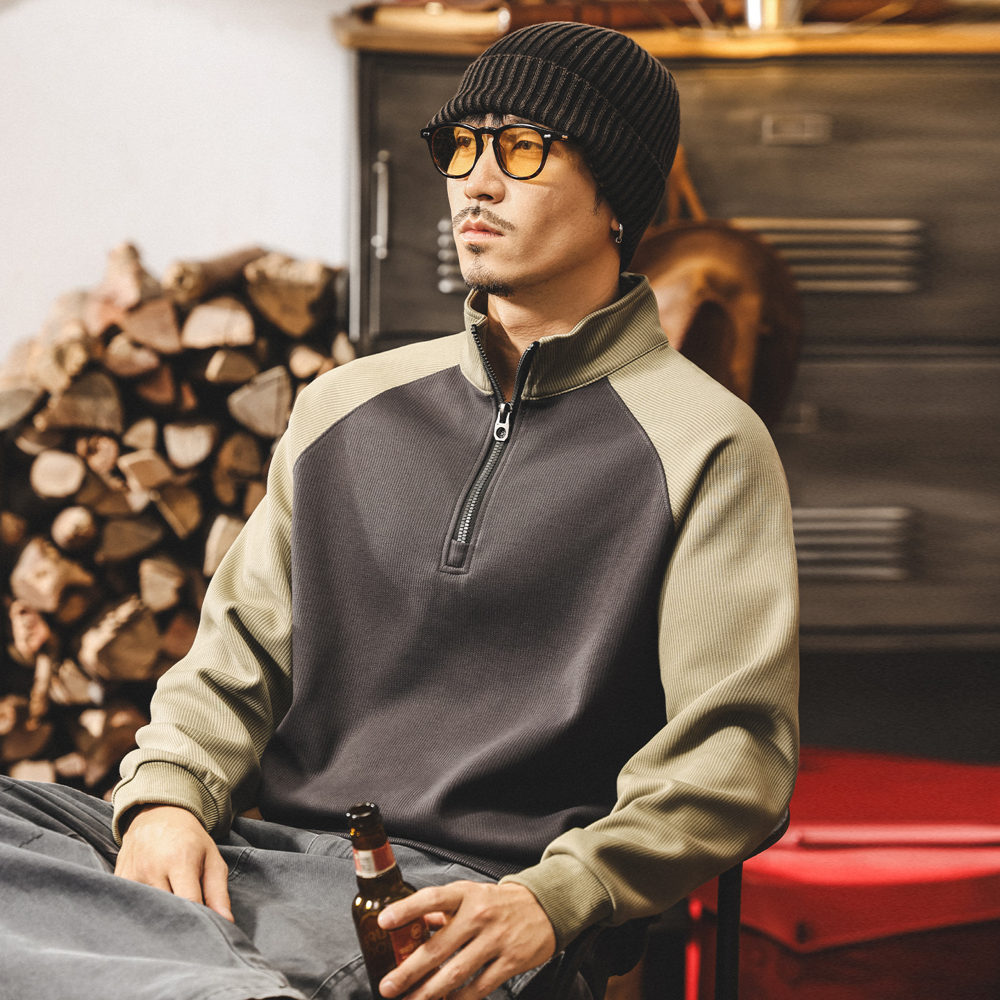 美式復古重磅拉鍊半高領衛衣男2025新款春秋潮牌撞色寬鬆休閒上衣