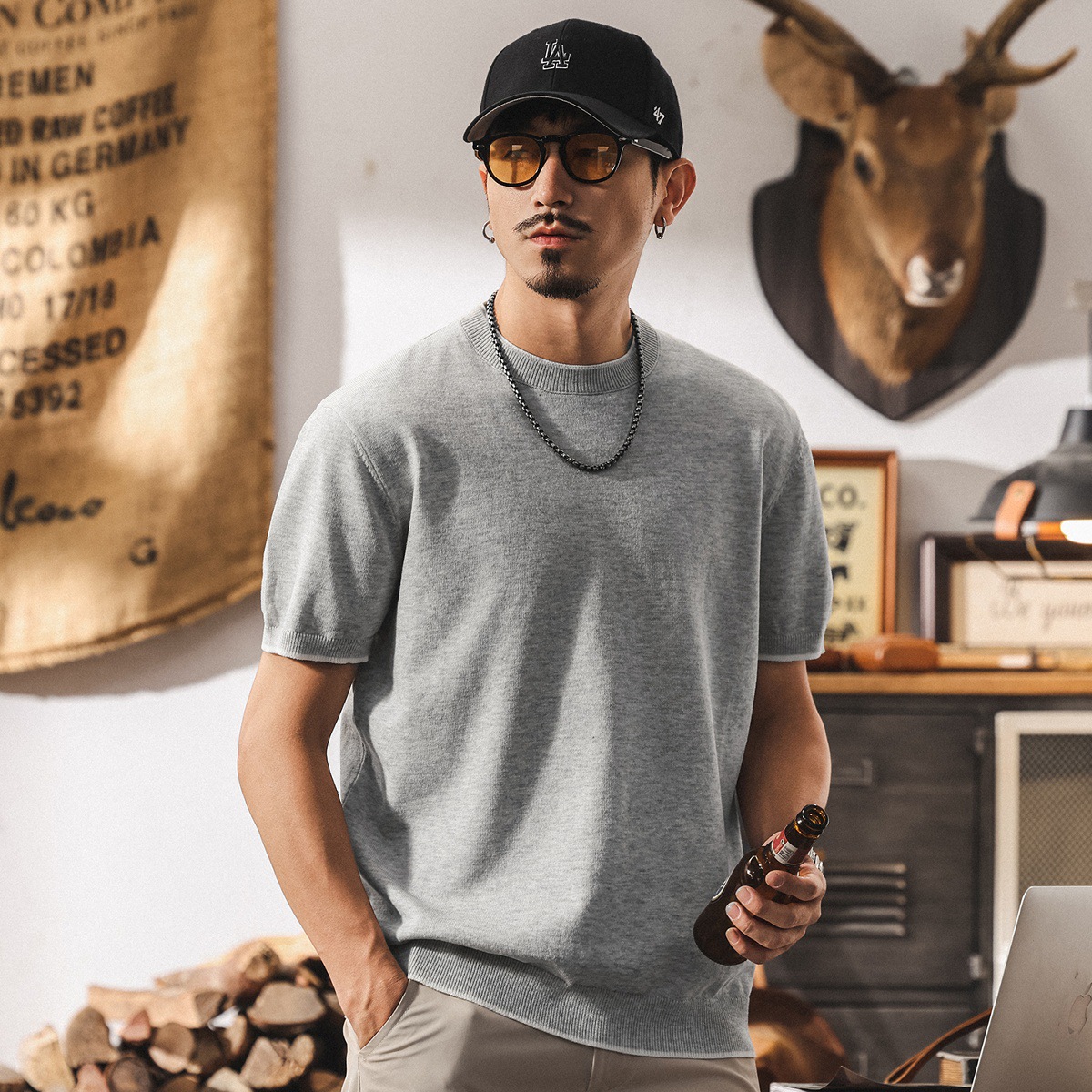 亞麻天絲短袖毛衣男夏季新款針織T恤男士拼色簡約百搭休閒上衣男