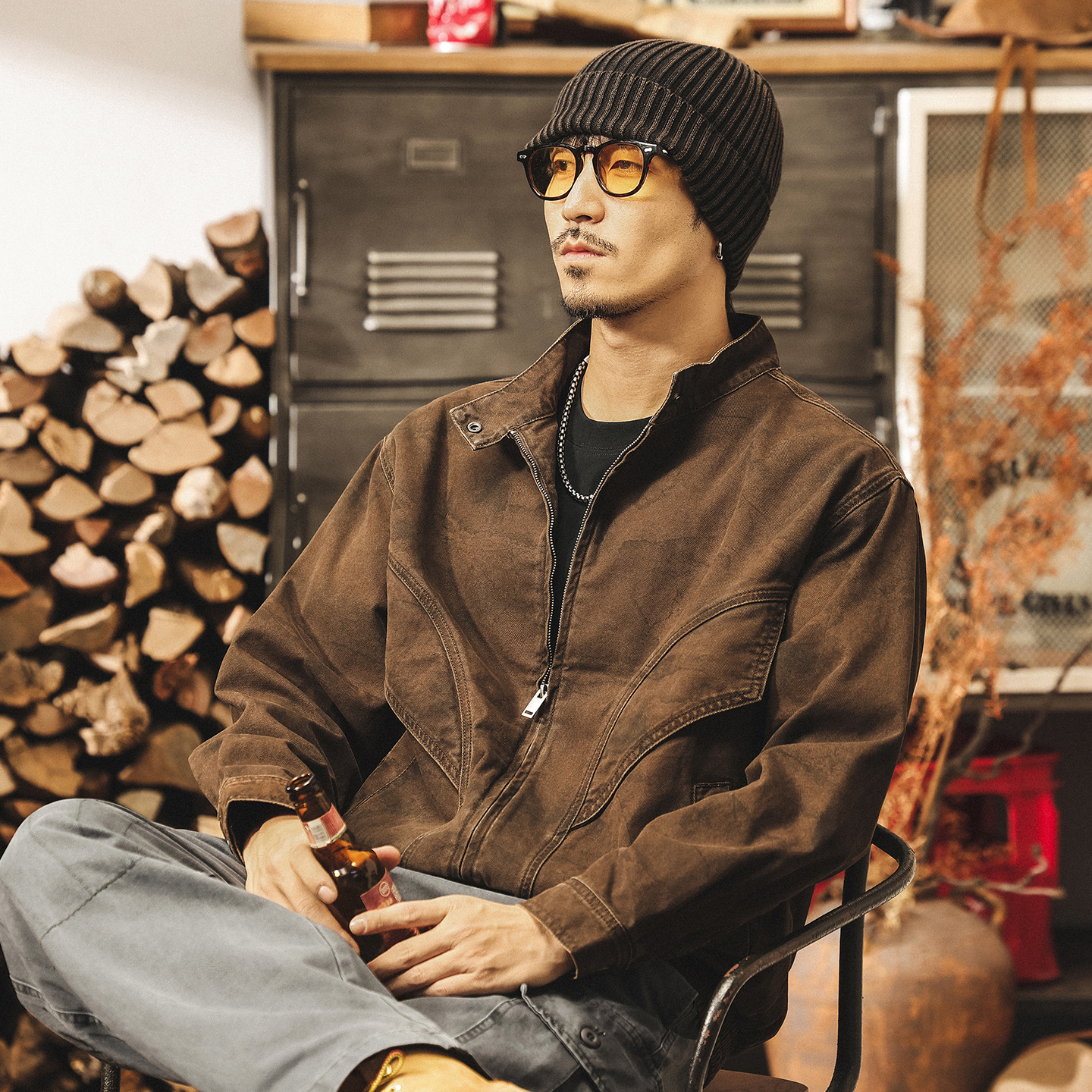 美拉德復古工裝外套男秋春新款飛片結構髒染做舊寬鬆美式機車夾克