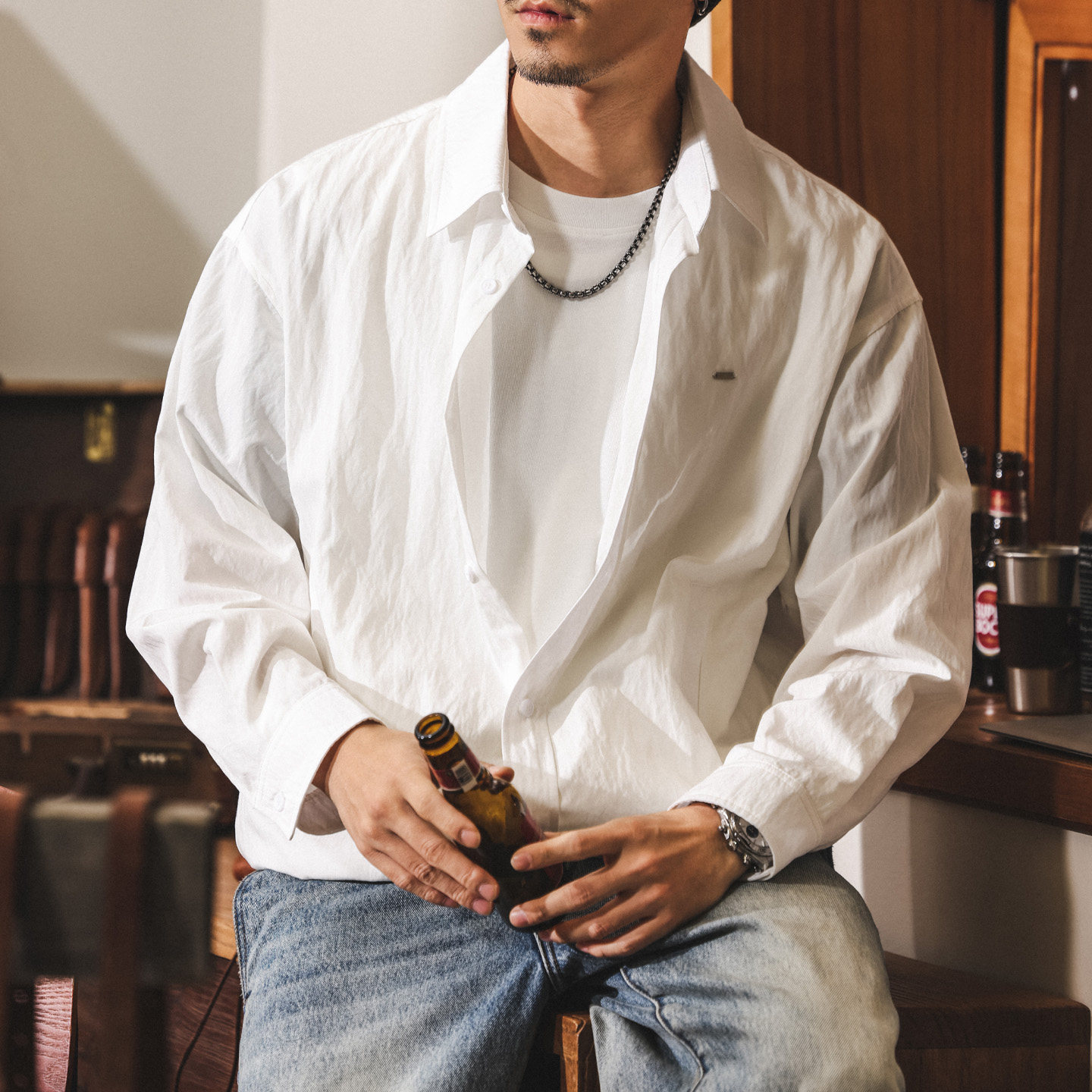 美式復古假兩件長袖襯衫外套男款春季潮牌寬鬆垂感襯衣男休閒夾克