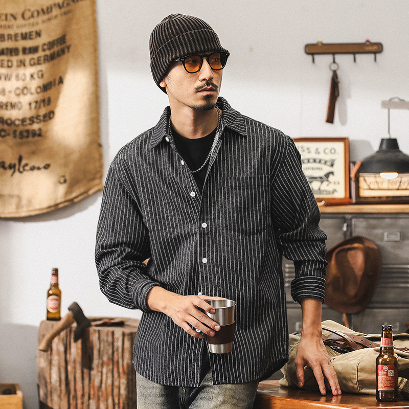 美式經典復古條紋襯衫男長袖秋季潮牌通勤百搭休閒寬鬆襯衣外套男