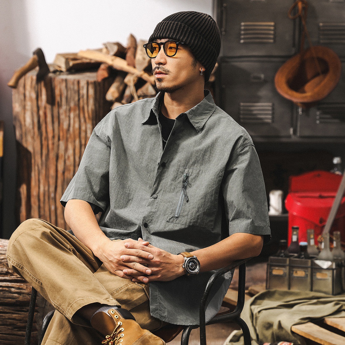 美式復古山系戶外薄款工裝短袖襯衫男夏季2025新款寬鬆休閒襯衣男