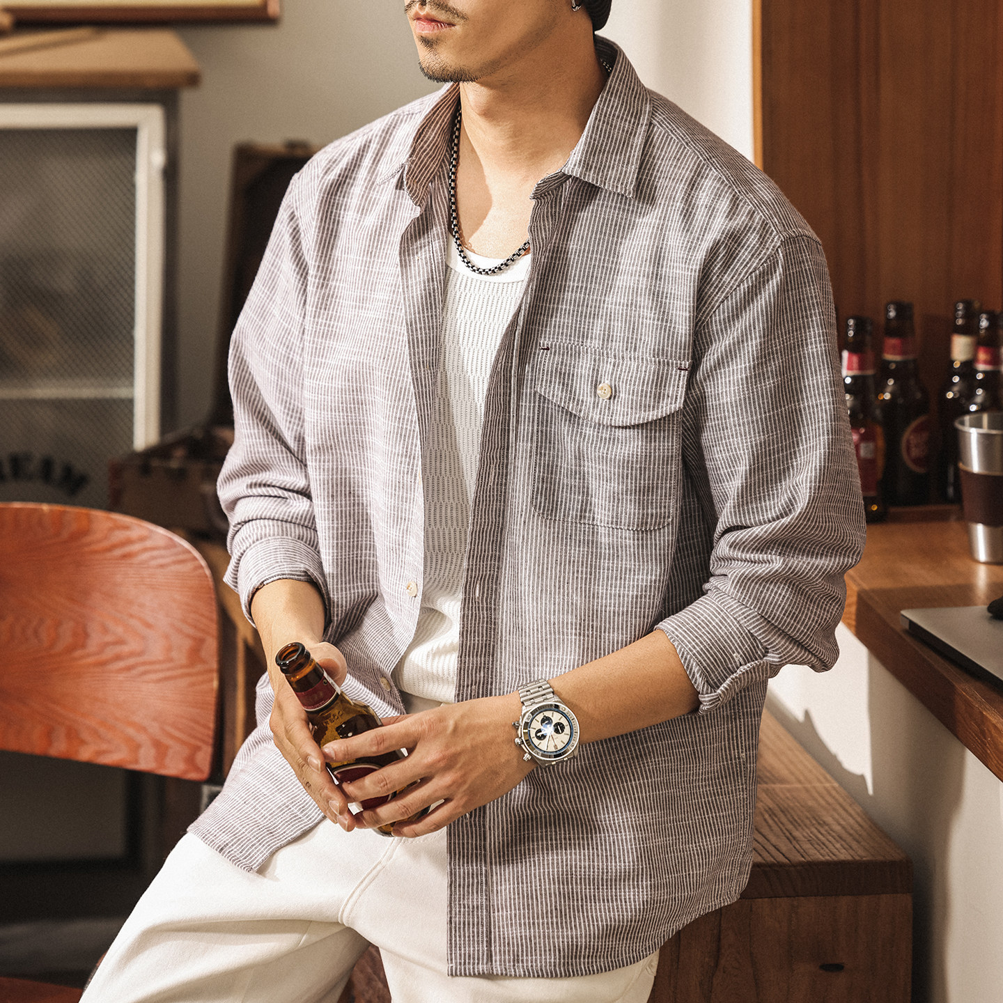 美式復古竹節紋透氣亞麻男士襯衫春季新款寬鬆長袖條紋襯衣男薄款