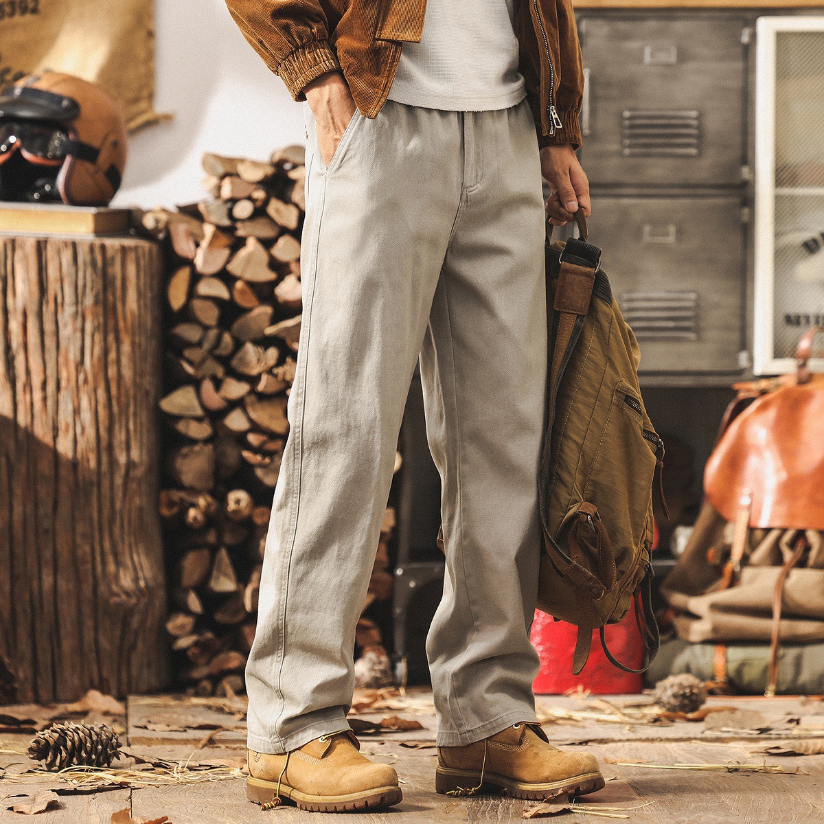 美式復古淺灰色工裝褲子男士秋季2025新款潮牌長褲寬鬆直筒休閒褲