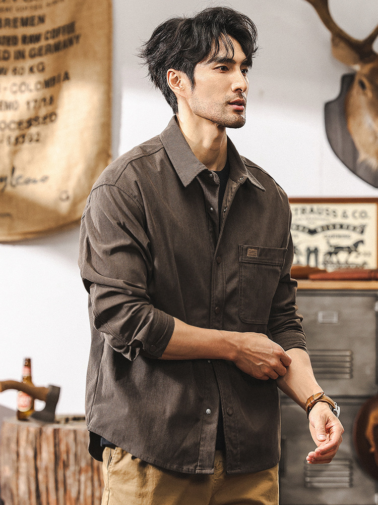 高級感條紋肌理長袖襯衫男春季2025新款寬鬆潮牌重磅休閒男士外套